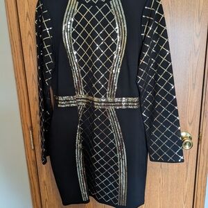 VENUS Black Long-Sleeve Dress with Gold Sequin Lattice